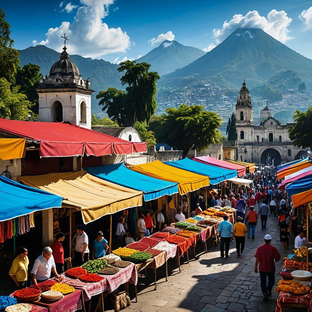 A vibrant market scene in Guatemala featuring colorful textiles, bustling locals, and exquisite food stalls. Include a map overlay with highlighted tourist attractions and tips, along with traditional Guatemalan landmarks in the background. The atmosphere should be lively and inviting, reflecting the culture and warmth of the country. super-realistic. vibrant colors. 3D.