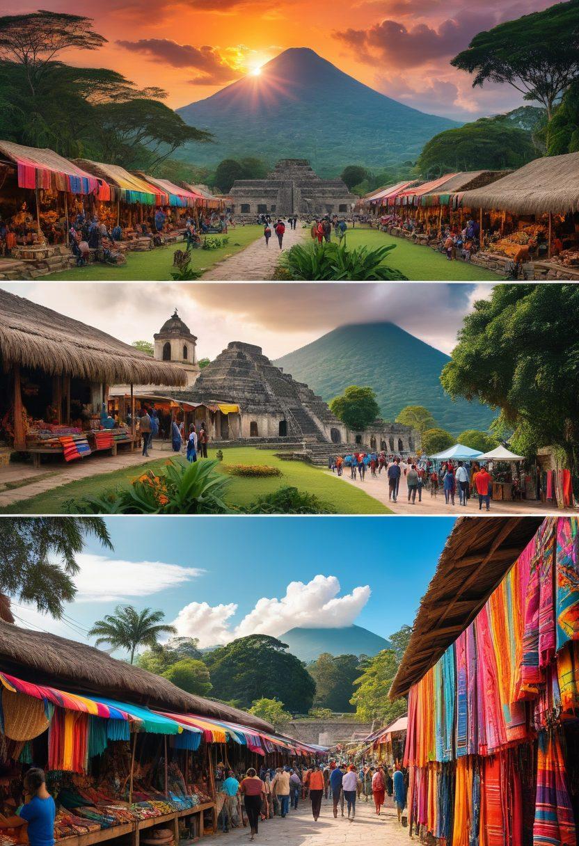 A vibrant collage showcasing Guatemala's rich culture: traditional colorful textiles, ancient Mayan ruins, lush green landscapes, lively street markets filled with local artisans, and friendly locals engaging with expatriates. Sunset hues illuminating the scene, capturing the warmth and hospitality of Guatemala. super-realistic. vibrant colors. 3D.
