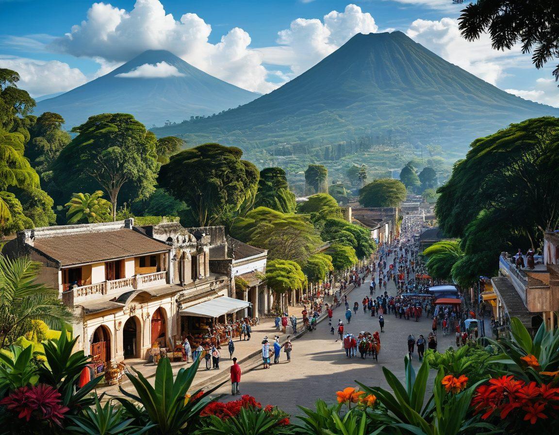 A vibrant landscape of Guatemala showcasing its stunning natural beauty with lush mountains and volcanoes in the background. In the foreground, a diverse group of expatriates and travelers interact, exchanging tips over a colorful market filled with local crafts and food. Include elements like ancient Mayan ruins, lively street scenes, and hints of traditional Guatemalan culture. Artistic style should be bright and inviting. super-realistic. vibrant colors.